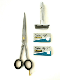 Silver Classic Old Style Butterfly Safety Razor + German Shears Gift Set Kit