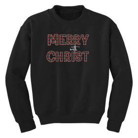 Girls Graphic Sweatshirt, Merry With Christ, Red And Green Plaid