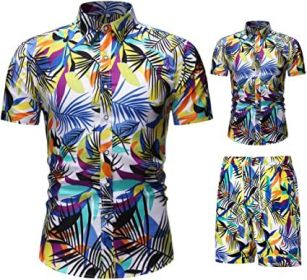 Men's Flower 2 Piece Tracksuit Shirt Casual Hawaiian Short Sleeve Shirts and Pants Suit (size: S)