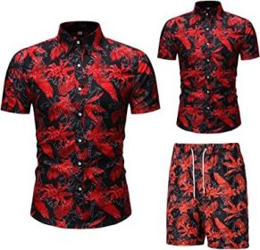 Men's Flower 2 Piece Tracksuit Shirt Casual Hawaiian Short Sleeve Shirts and Pants Suit (size: XL)