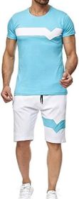 Men's Splicing 2 Piece Tracksuits Casual Short Sleeve Shirts and Shorts Suits (size: XL)