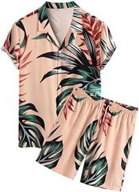 Men's 2 Piece Hawaiian Tracksuit Flower Casual Button Down Short Sleeve Shirt and Suits (size: XL)