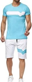 Men's Splicing 2 Piece Tracksuits Casual Short Sleeve Shirts and Shorts Suits (size: L)