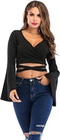 Women's Sexy Tie Up Crop Top Ladies Flared Sleeve Deep V Neck Casual Basic T Shirt (Color: BLACK-L)