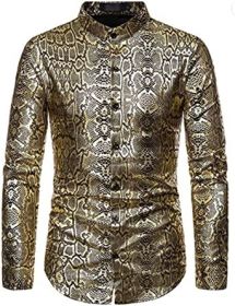 Men's Paisley Shirt Long Sleeve Dress Shirt Button Down Casual Slim Fit Shirt (Color: Gold-M)