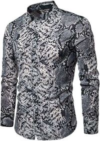 Men's Fashion Leopard Shirts Slim Fit Stand Collar Single Breasted Shirts Casual Long (Color: Bwcs white02-XL)