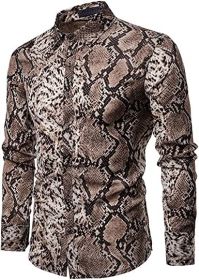 Men's Fashion Leopard Shirts Slim Fit Stand Collar Single Breasted Shirts Casual Long (Color: Bwcs yellow02-XL)