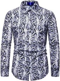 Men's Fashion Leopard Shirts Slim Fit Stand Collar Single Breasted Shirts Casual Long (Color: Bwcs white03-L)