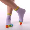 1pair Rainbow Color Non-slip Towel Bottom Yoga Socks, Cozy 5 Toes Split Knitted Calf Crew Socks, Women's Yoga Socks