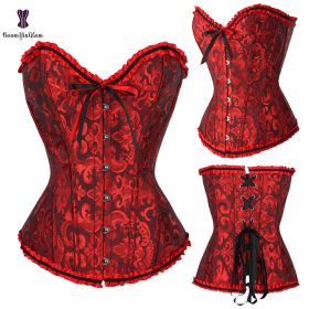 Sexy Women Steampunk Clothing Gothic Plus Size Corsets Lace Up Boned Overbust Bustier Waist Cincher Body Shaper Corselet S-6XL (Color: 810 dark red)