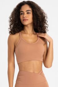 Crisscross Back V-Neck Sports Bra (Color: Camel)