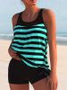 Plus Size Casual Tankini Set, Women's Plus Ribbed Stripe Print High Stretch Tank Top & Shorts Tankini Two Piece Set